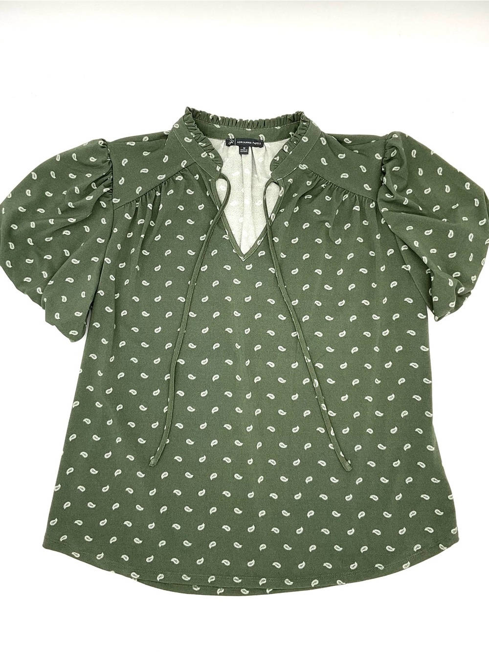 Adrianna Papell Green Paisley Tie-Neck Puff Sleeve Top
